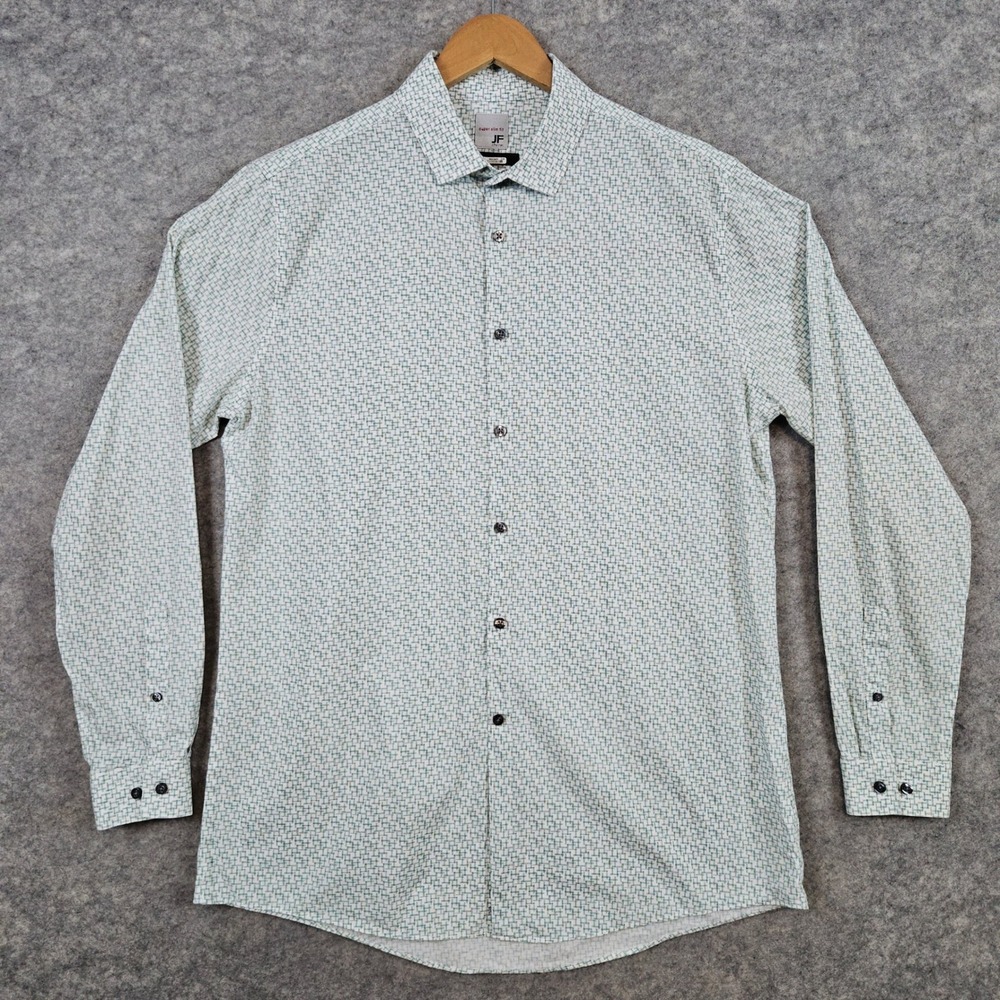 JF J Ferrar Men's Green‎ & White Geometric Shirt Size L 16-16 1/2 34/35 Cotton